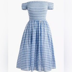 J. Crew blue and white smocked gingham off the shoulder beach cover up. Size M.